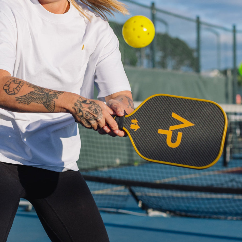 Flipper Gold Pickleball Paddle | Angry Penguins | 16MM 3K Carbon - Lifestyle