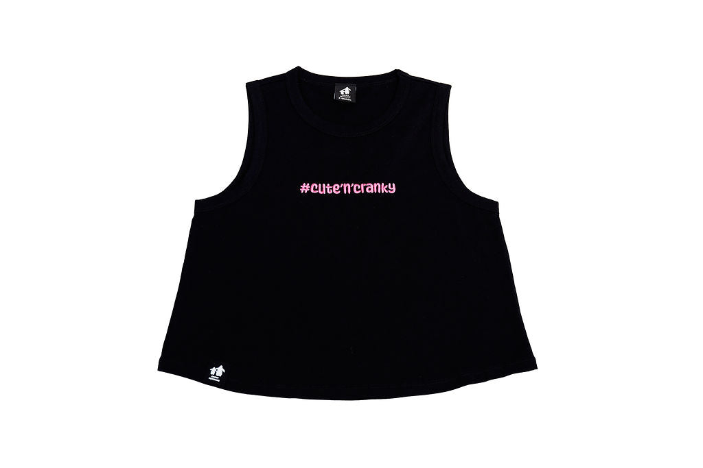 #cute’n’cranky Crop Tank – Black | Pink Logo | Women’s Organic Cotton Tank- Front