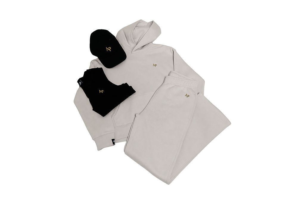 AP Collection Relax Track Suit – Bone | Gold Logo | Women’s Cotton Fleece Sweat Suit With Cap and Tank Top