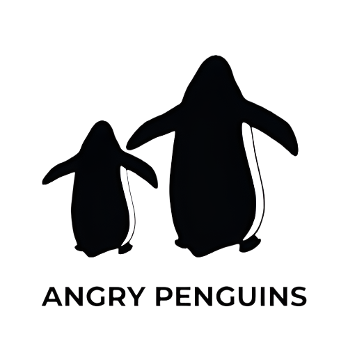 ANGRY PENGUINS logo in Black - Two penguins walking away